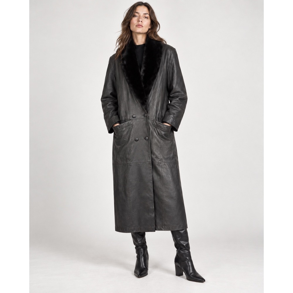 Vintage 90s DANY Genuine Leather Long Coat Black Fur Collar Oversized Women L/XL